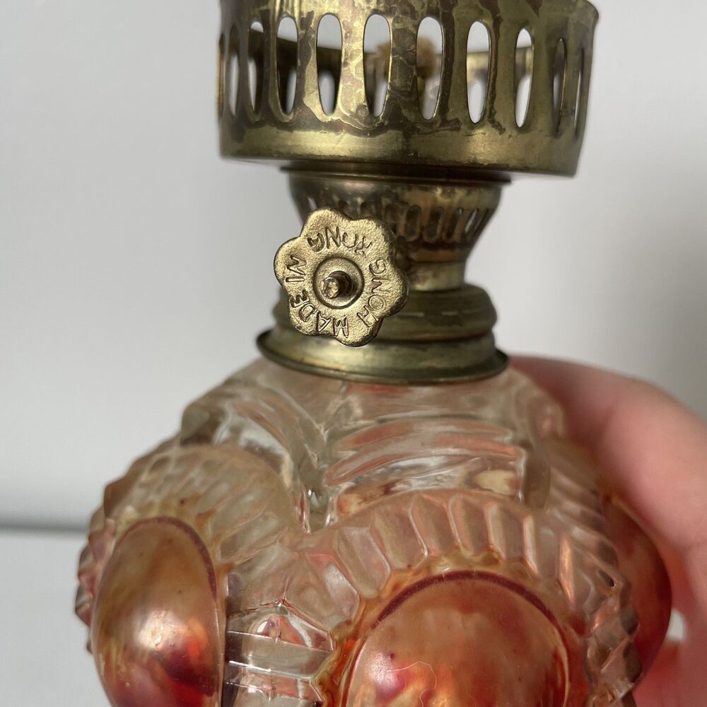 Vintage Antique Glass Oil Lamp Base Clear Red Brown Made in Hong Kong Glassware - Picture 6 of 10
